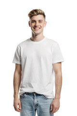 Fototapeta premium Young man wearing white t-shirt and blue jeans, isolated on transparent background