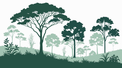 Silhouette of trees in a forest landscape with a white background, creating a serene and natural scene isolated on white background