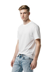 Fototapeta premium Young man wearing white t-shirt and blue jeans, isolated on transparent background
