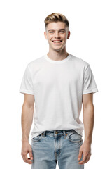 Fototapeta premium Young man wearing white t-shirt and blue jeans, isolated on transparent background