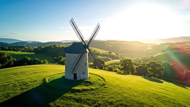 Scenic windmill at sunrise on a green hill with golden hour landscape.