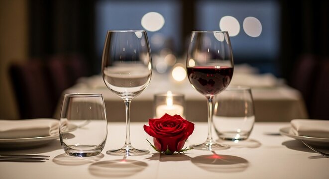 An elegant table set for a romantic dinner with red wine, a single rose, and candlelight. - Powered by Adobe