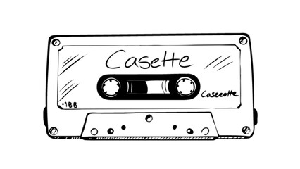 Fototapeta premium Hand drawn cassette tape isolated on white background, a vintage music medium for audio recording and playback, a symbol of retro technology and culture