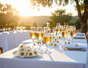 elegant outdoor dining table set with white tablecloths, champagne flutes, and daisy floral arrangements, bathed in the warm, golden light of a sunset.
