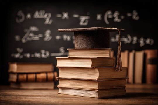 A graduation cap atop a stack of books in front of a chalkboard filled with equations
