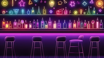 Fototapeta premium Neon-lit bar with colorful bottles and stools.