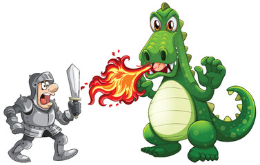 Cartoon Knight Facing Fire-Breathing Green Dragon