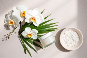 Luxurious spa flat lay with white orchid flowers, a cosmetic cream jar, and a palm leaf on a beige background with soft shadows.