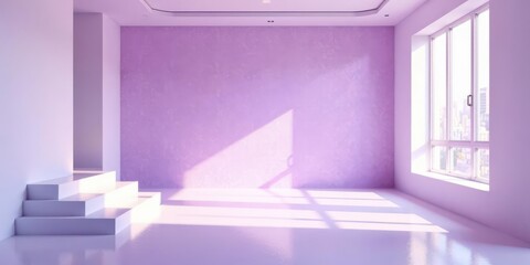 Serene Minimalist Room Interior Design with Lavender Walls and Sunlight Streaming Through a Large Window, Featuring a Modern White Staircase