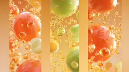 Exploding citrus-tinted blobs with semi-matte shimmer over iridescent panels in vertical layout