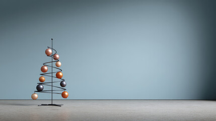 minimalist wire christmas tree stands elegantly against clean gray background adorned with unusual decorations