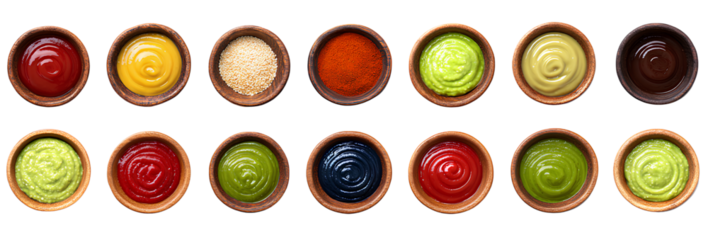 A collection of sauces and bowls on a Transparent background PNG