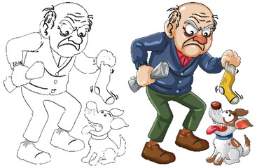 Angry Elderly Man Scolding Dog for Chewing Sock