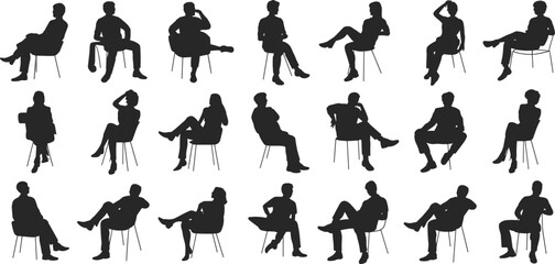 Silhouettes of people sitting on chairs, relaxed and thoughtful poses, black vector illustration, casual and formal seated human figures