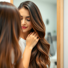 Thick and healthy. Long-haired millennial woman standing by mirror burying hands to her lovely shiny hair, female client is satisfied by result of regular use of professional beauty haircare products