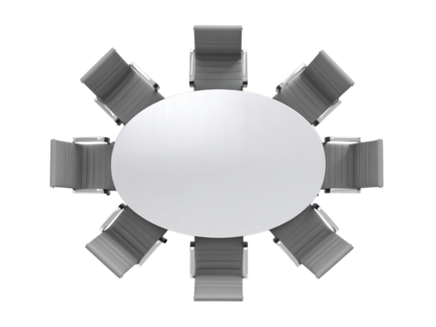 Modern oval dining table set with eight upholstered chairs, arranged symmetrically, viewed from above on a white background, suitable for contemporary interiors.