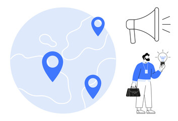 Earth with location pins symbolizing global operations, megaphone for marketing, and a businessperson holding a lightbulb for innovation. Ideal for business, strategy, global collaboration