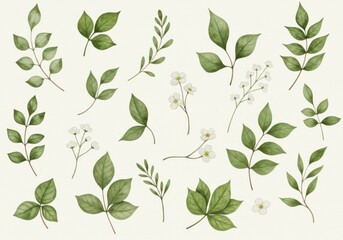 Delicate watercolor illustrations of green leaves and fine botanical line drawings on cream background
