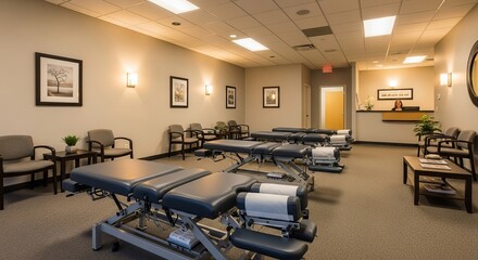 Chiropractic clinic interior with adjustment tables and waiting area for patient care and wellness center design