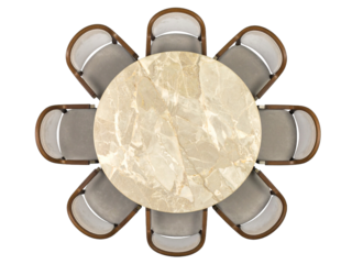 Marble round dining table arrangement with eight cushioned wooden chairs, top view, modern and stylish, ideal for dining rooms or contemporary interiors.