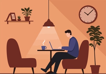 A man focused on his work, typing on a laptop at a table in a cozy cafe. This flat vector illustration shows a modern remote work lifestyle.