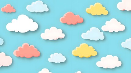 Fototapeta premium Pastel colored clouds in a seamless pattern against a light blue sky.