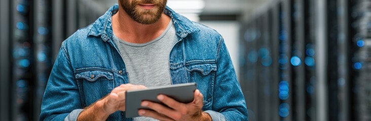 Person using tablet in server room