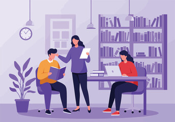 Obraz premium Group of young students studying together in a library, a man reading a book while women use a laptop and clipboard for teamwork.