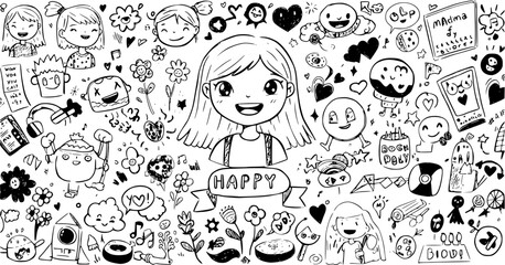 Whimsical Black and White Doodle Art Collection featuring a happy girl, smiling characters, hearts, flowers, music, tech, and everyday objects, illustrating joy and creativity.