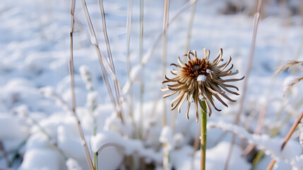 Winter scene featuring a withered daisy seed head