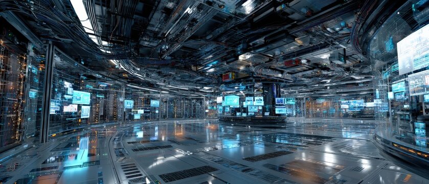 a futuristic tech room with monitors and cables, an impressive high-tech scene