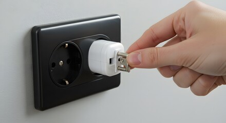 Plugging US plug into European outlet with adapter travel concept