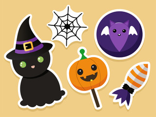 Fototapeta premium Cute Halloween Sticker Set. Vector Black Cat, Pumpkin, Bat, and Candy