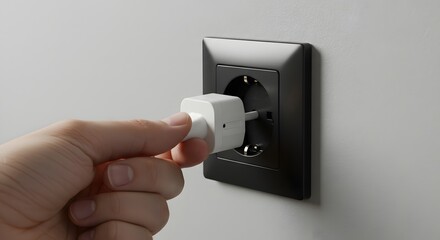 Hand plugging in a white adapter into a black wall outlet