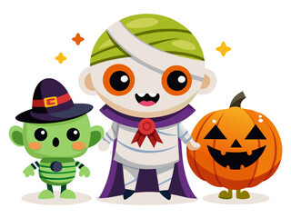 Obraz premium Cute Cartoon Kids in Halloween Costumes. Vector Witch, Mummy, and Frankenstein