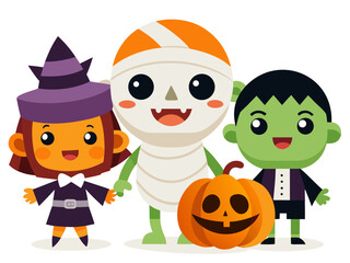Fototapeta premium Cute Cartoon Kids in Halloween Costumes. Vector Witch, Mummy, and Frankenstein