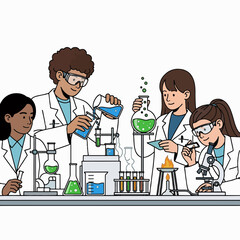 Diverse team of young students collaborating on a chemistry experiment in a school science laboratory setting.