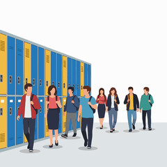 Vector illustration of diverse teenage students with backpacks walking in a school hallway with blue and yellow lockers.