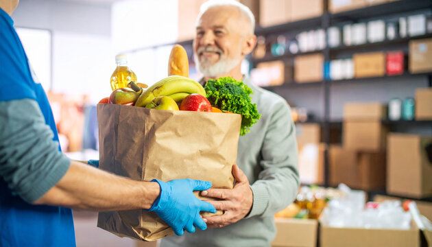 Volunteer giving a grocery bag with fresh food to a smiling senior citizen at a food bank.