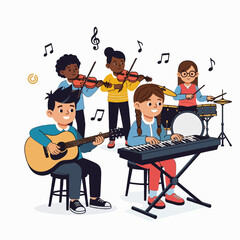 Diverse group of children enjoying playing musical instruments in a harmonious ensemble
