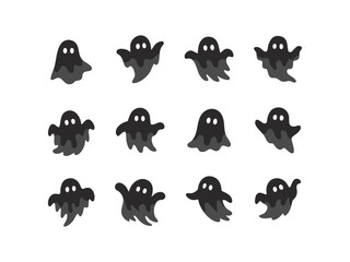 様々なポーズのかわいい黒色の幽霊のイラストセット