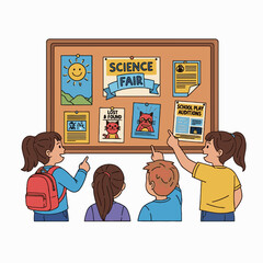 Group of elementary students gathered around a school announcement board, pointing at posters for a science fair and play auditions.