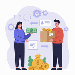 Flat vector illustration of a successful business transaction, with a customer making a payment for goods, symbolizing commerce and finance.