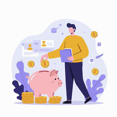 A man diligently saving money by putting gold coins into a piggy bank, illustrating the concept of personal finance management and planning for future wealth.
