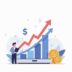 Vector illustration of business financial growth with an analyst examining an upward trending chart and dollar coins.