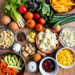 A collection of prepped cooking ingredients for a weekend hobby in an artistic style.