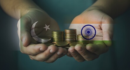 India Pakistan Economic Relations Coins Held in Hands with Flags Overlayed