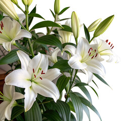 Fototapeta premium Beautiful white lilies bloom gracefully, showcasing their delicate petals and vibrant green leaves, creating serene floral arrangement
