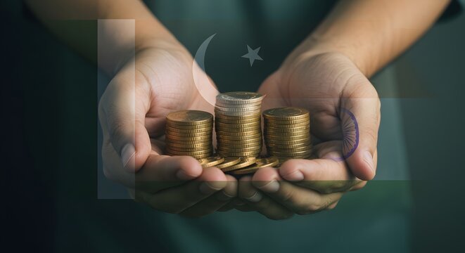 India and Pakistan Economic Relations Hands Holding Coins with Flag Overlay - Powered by Adobe