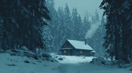 A cozy log cabin nestled in a snowy forest, with warm light glowing from its windows amid the serene winter landscape.